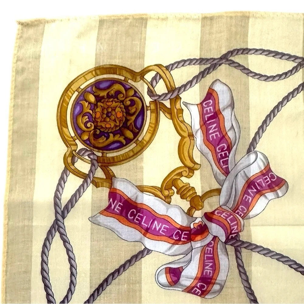 Celine Silk Scarf Duo Set Carriage Print & Ribbon Ropes 100% Silk 18” Squares